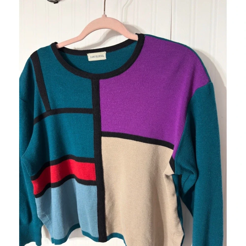 Lano Blouso Vintage Wool Colorblock Sweater Geometric Mondrian Style Teal Purple